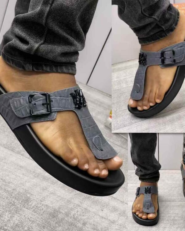 Amiri Mens Grey Crocodile Textured Strap Sandals