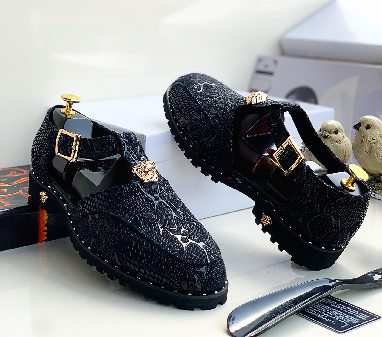 Black Embossed Leather Shoes