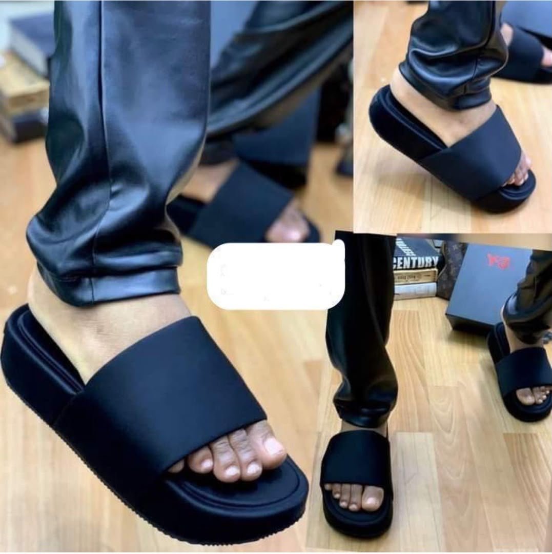 Black Leather Slides Chunky Sole Slip On Sandals Black Leather Slides Chunky Sole Slip On Sandals