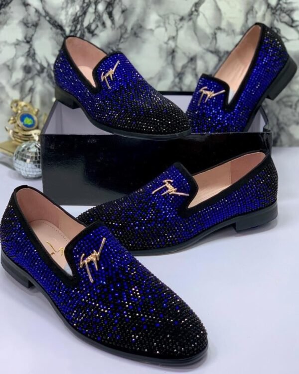 Blue Black Crystal Embellished Loafers