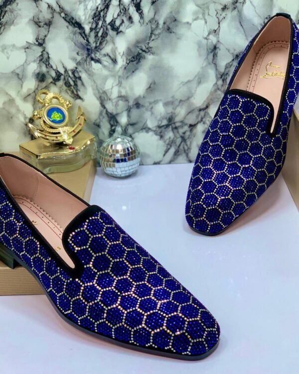 Blue Rhinestone Honeycomb Pattern Loafers