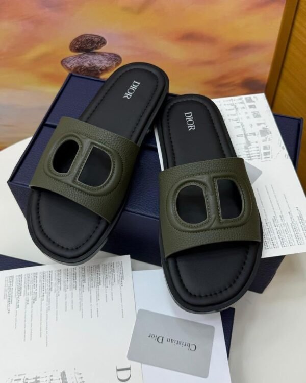 D Club Khaki Green Olive Leather Sandals CD Logo Slides