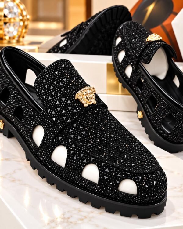 Gold Medusa Head Emblem Designer Shoes