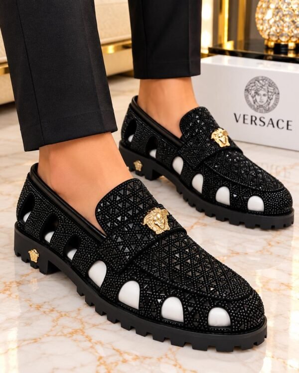 Gold Medusa Head Emblem Designer Shoes