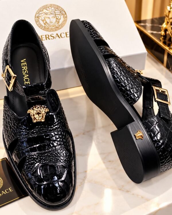 Mens Black Crocodile Embossed Dress Sandals