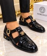 Mens Black Crocodile Embossed Dress Sandals
