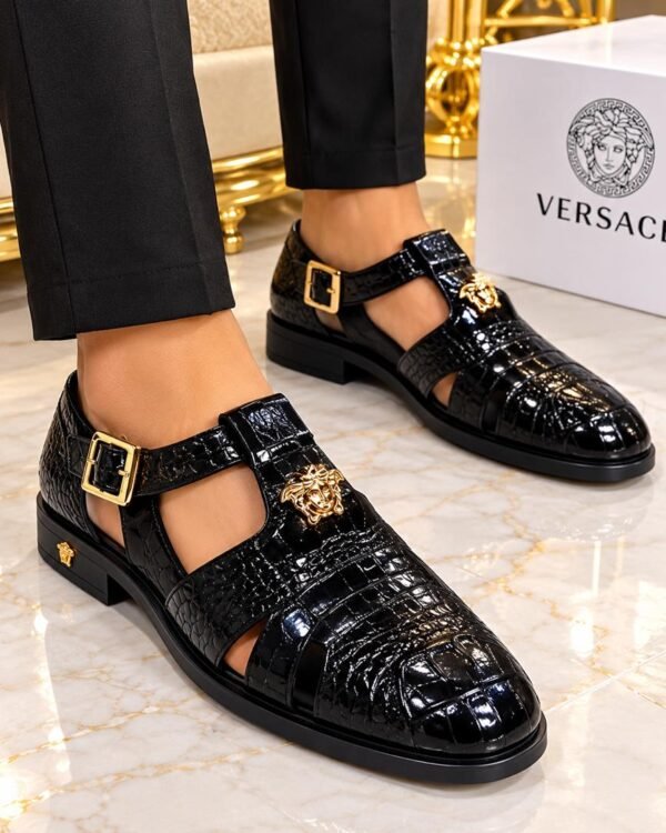 Mens Black Crocodile Embossed Dress Sandals