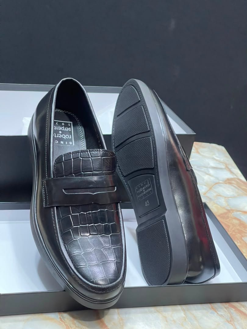 Roberto Serpentini Black Crocodile Texture Loafers Roberto Serpentini Black Crocodile Texture Loafers