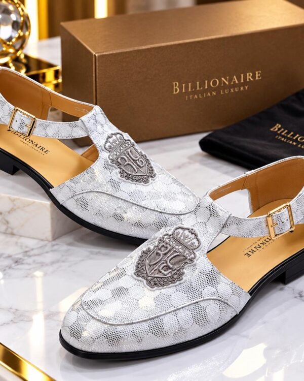 Silver Crest Embroidery Metallic Finish Luxury Shoes