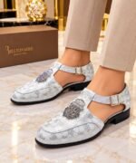 Silver Crest Embroidery Metallic Finish Luxury Shoes