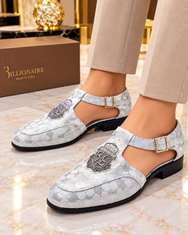 Silver Crest Embroidery Metallic Finish Luxury Shoes