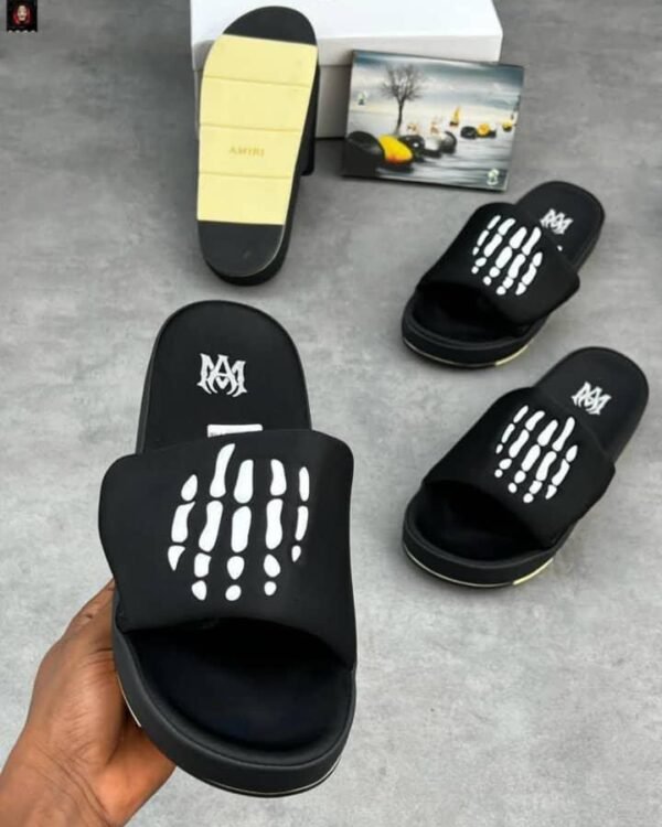 Amiri Black Skeleton Hand Graphic Pool Slides
