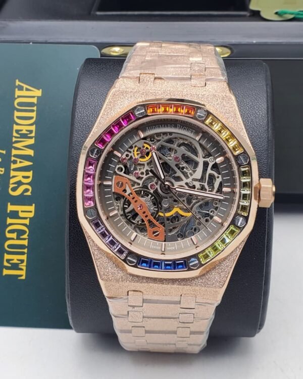 Audemars Piguet Royal Oak Frosted Gold Double Balance Openworked Rainbow Bezel Watch
