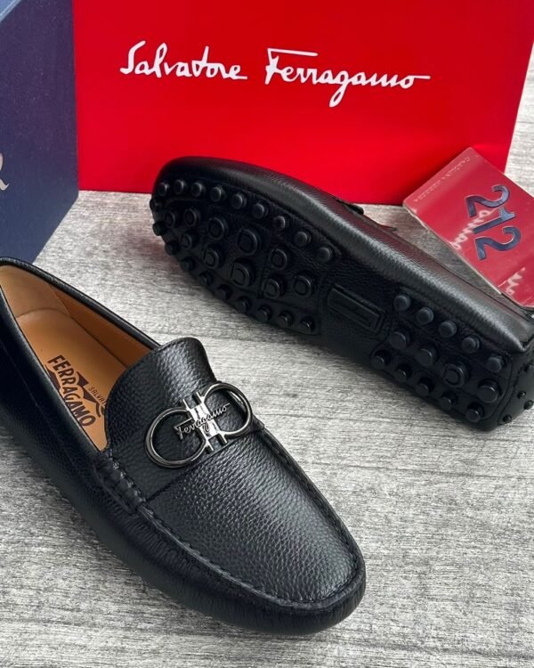 Black Pebble Grain Leather Driving Loafers