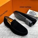 Black Suede Penny Loafers Yellow Inner Lining Low Heel 1
