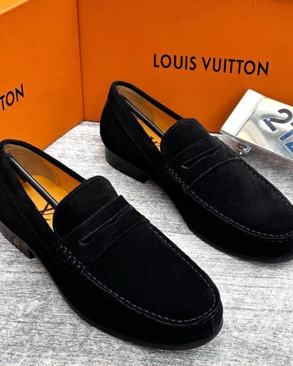 Black Suede Penny Loafers Yellow Inner Lining Low Heel