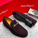 Brown Suede Horsebit Loafers Gold Tone Detail