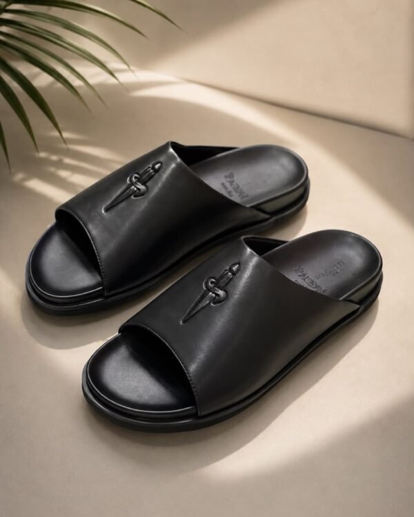 Cesare Paciotti Dagger Motif Black Leather Slides