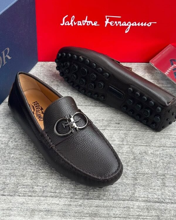 Dark Brown Pebbled Calfskin Gancini Driver Loafers