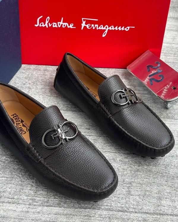 Dark Brown Pebbled Calfskin Gancini Driver Loafers
