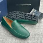 Green Hammered Leather Slip On Loafers