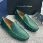 Green Hammered Leather Slip On Loafers