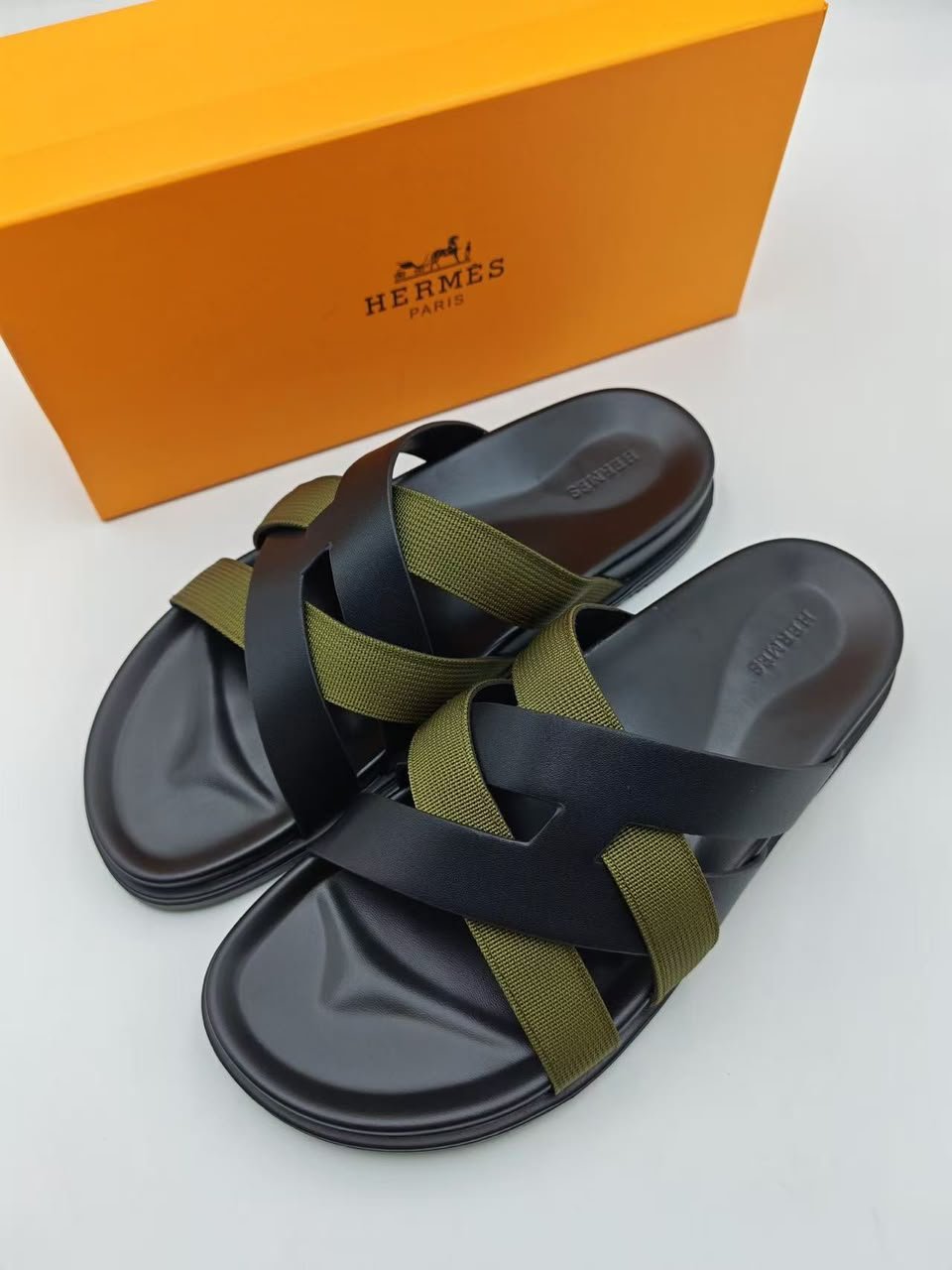 Hermes Kazimir Noir Vert Toundra Calfskin Sandals Hermes Kazimir Noir Vert Toundra Calfskin Sandals