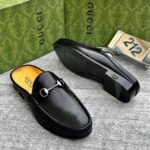 Mens Black Leather Horsebit Backless Loafers