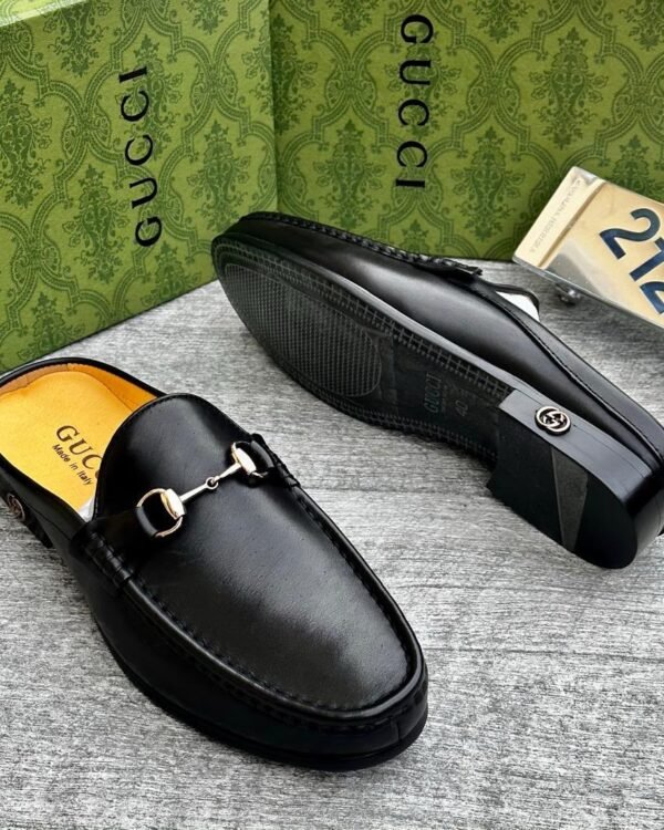 Mens Black Leather Horsebit Backless Loafers
