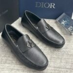 Mens Black Textured Leather Slip On Loafers