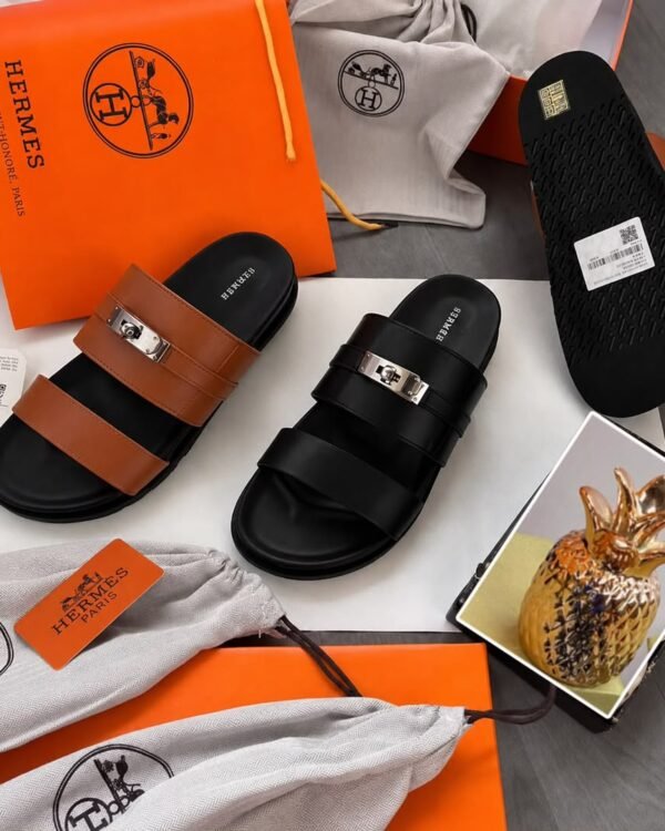 Mens Double Strap Leather Slides