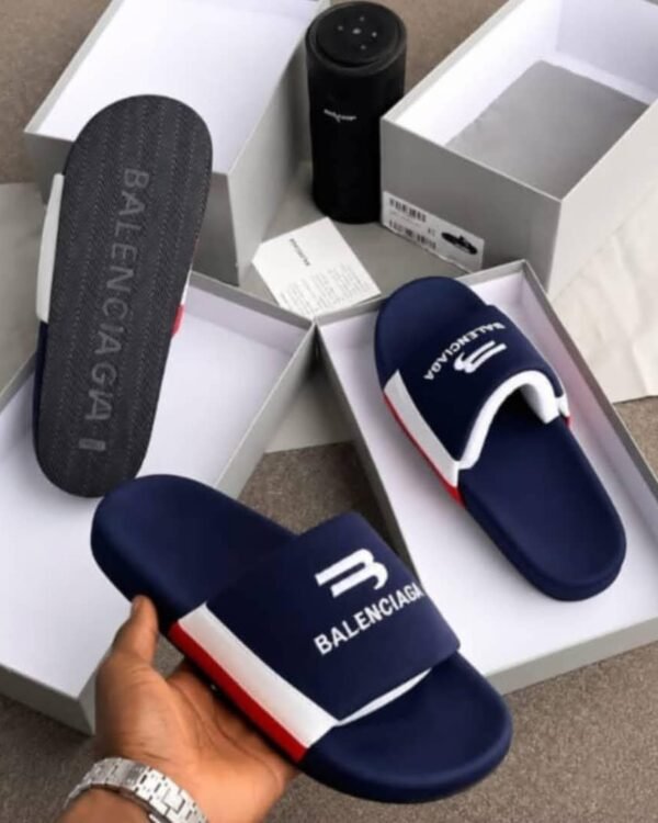 Navy Blue Pool Slides White Red Stripe B Logo