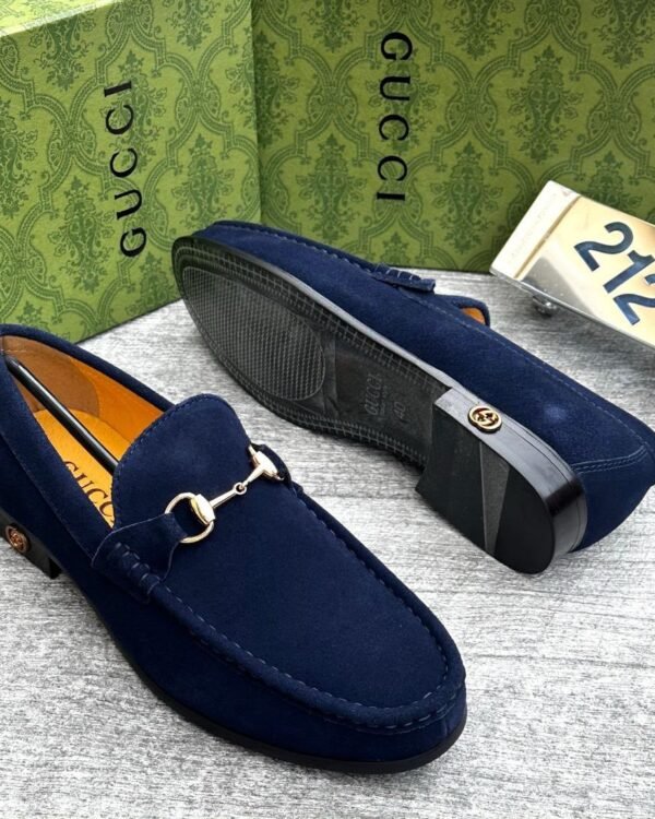 Navy Blue Suede Horsebit Loafers