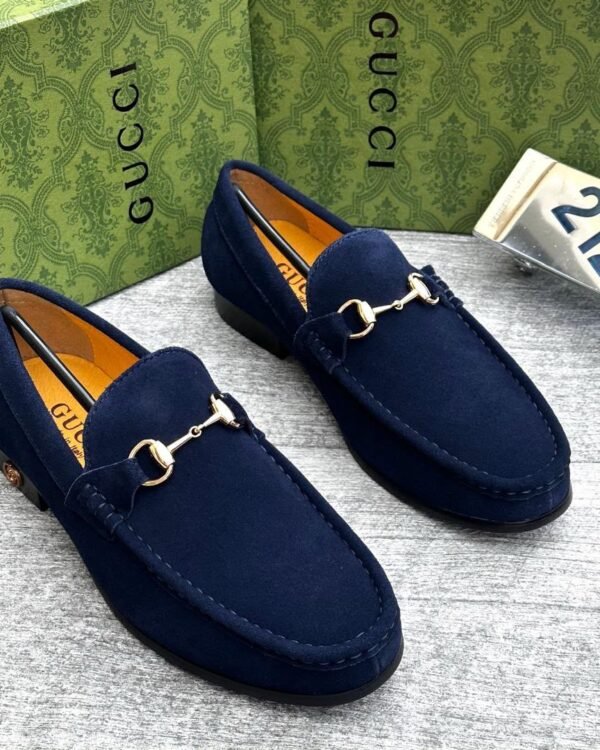 Navy Blue Suede Horsebit Loafers