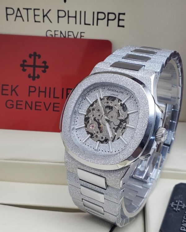 Patek Philippe Nautilus Skeleton Iced Out Textured Case Bracelet Luxury Watch