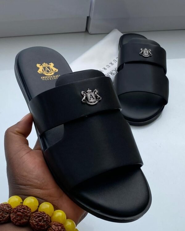 Aristocrats Luxury Black Leather Double Strap Slides