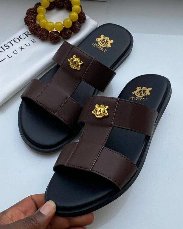 Aristocrats Luxury Brown Leather Slip On Sandals