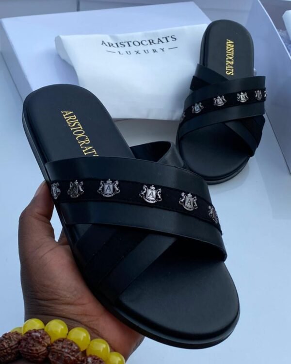 Aristocrats Luxury Mens Black Leather Cross Strap Slide Sandals