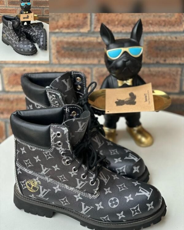 Black Leather 6 Inch Boots Embossed LV Monogram