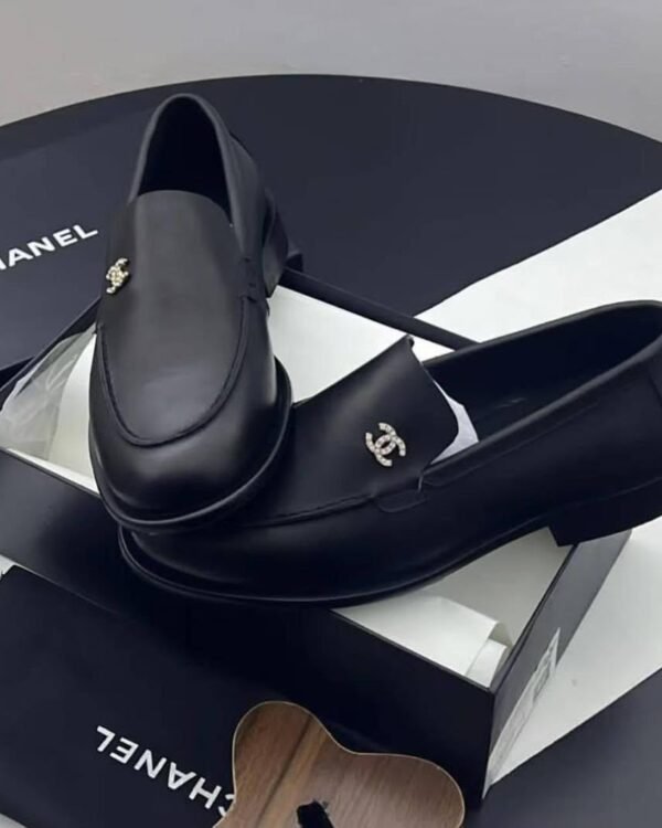 Black Leather Loafers Crystal CC Logo