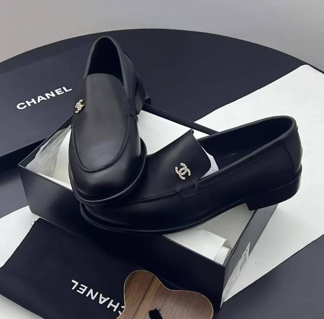 Black Leather Loafers Crystal CC Logo Black Leather Loafers Crystal CC Logo