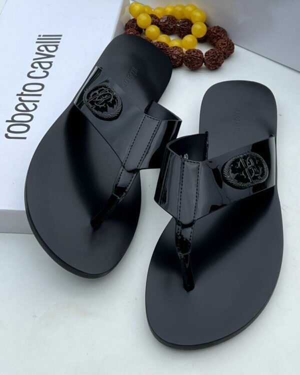 Black Patent Finish T Strap Thong Sandals