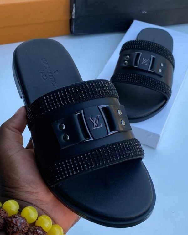 Black Slide Sandals Rhinestone Embellished Strap Metallic LV Logo Buckle