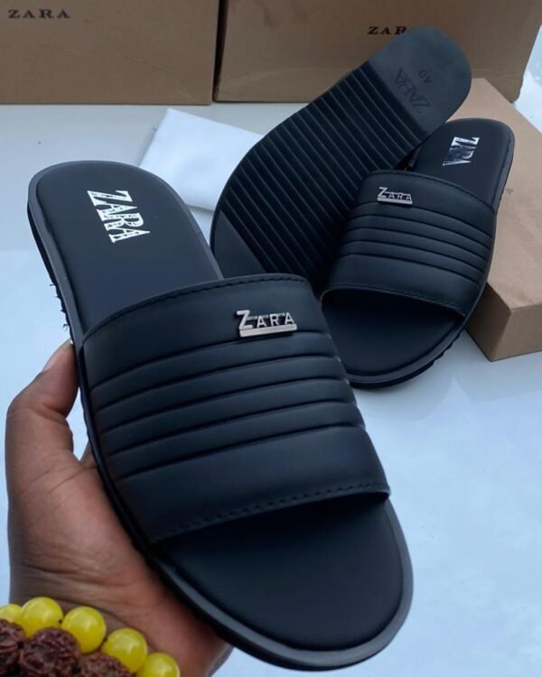 Black Slide Sandals Ribbed Upper Strap Metallic Logo