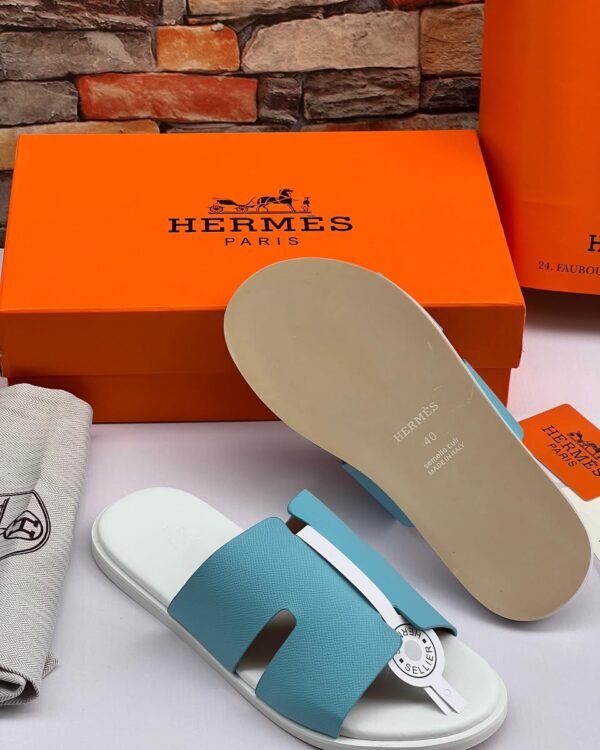 Blue Leather Sandals White Trim H Cutout Strap