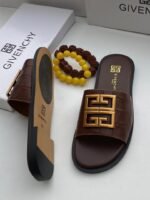 Brown Crocodile Embossed Leather Flat Slide Sandals