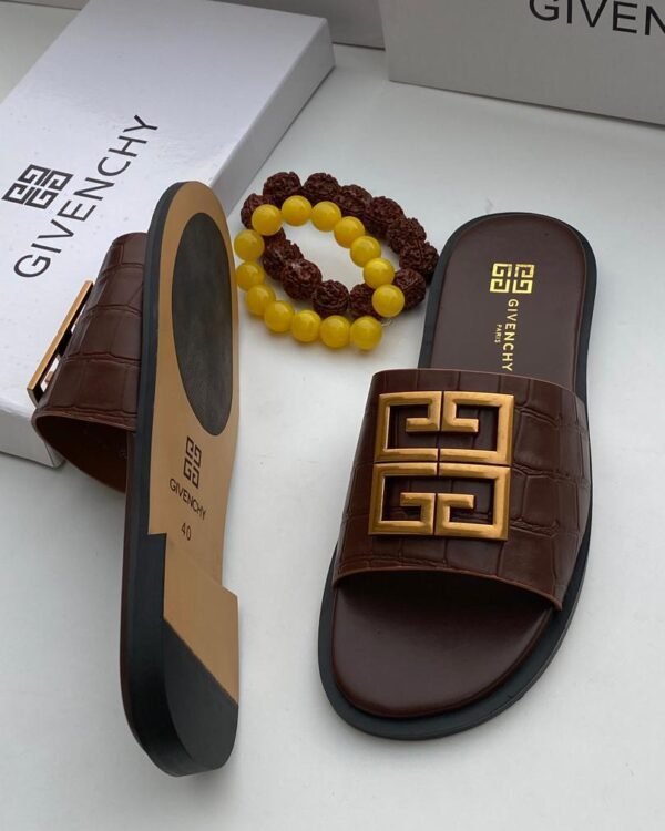 Brown Crocodile Embossed Leather Flat Slide Sandals