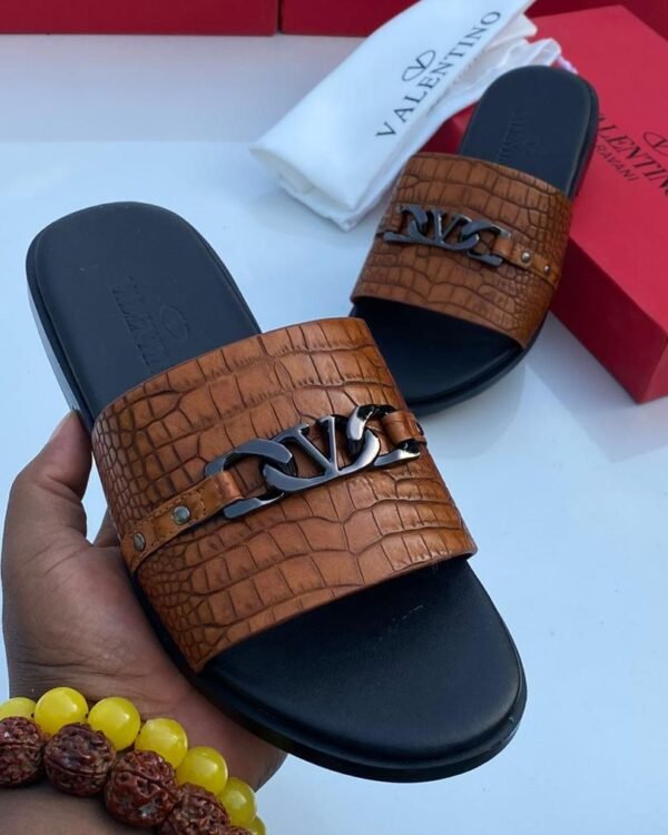 Brown Crocodile Embossed Leather Slip On Sandals