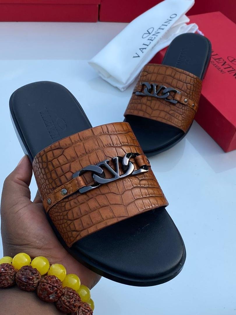 Brown Crocodile Embossed Leather Slip On Sandals Brown Crocodile Embossed Leather Slip On Sandals