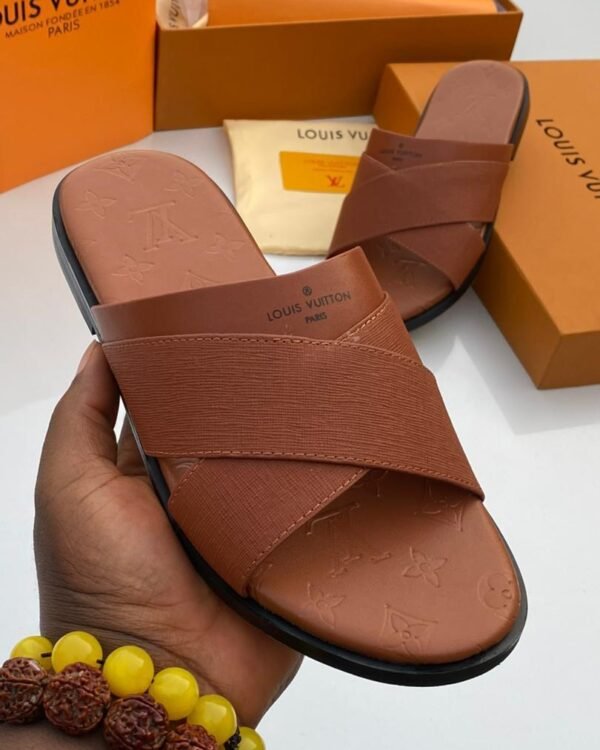 Brown Leather Criss Cross Slide Sandals